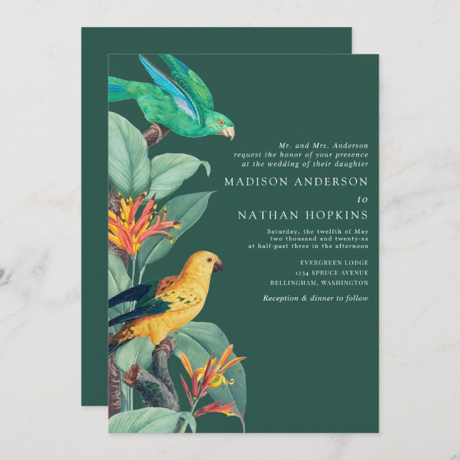 Vintage Green Tropical Bird Wedding Invitation (Front/Back)