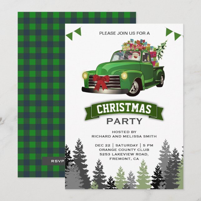 Vintage Green Truck Christmas Party Invitation (Front/Back)