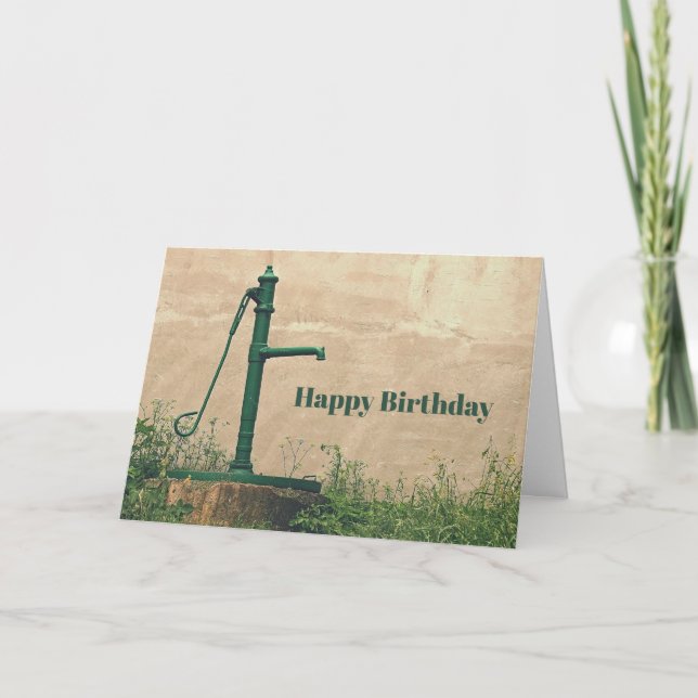 Vintage Green Water Pump Photo Birthday Card (Front)
