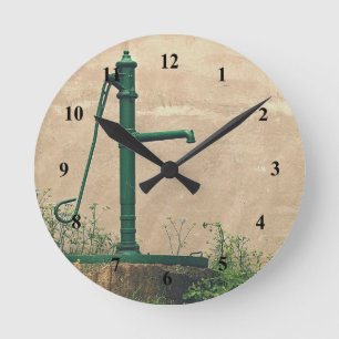 Vintage Green Water Pump Photo Round Clock