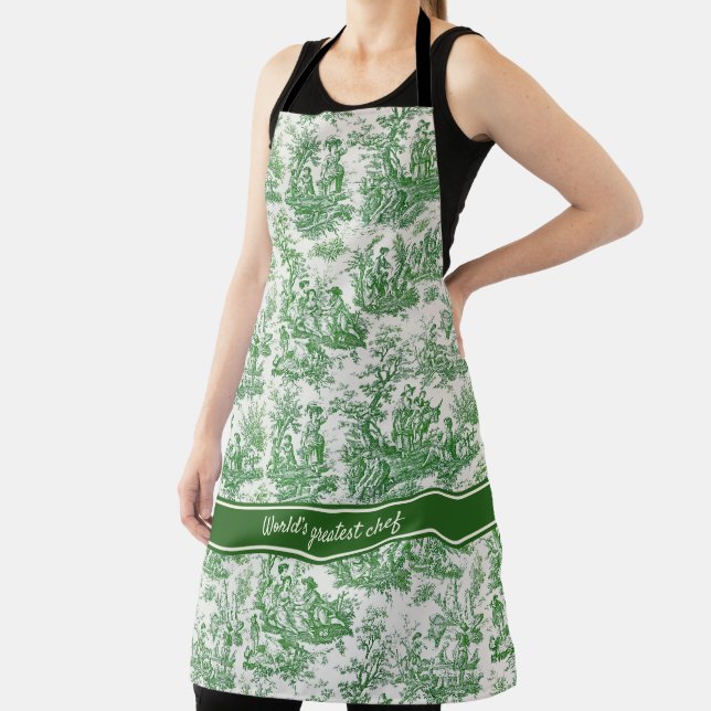 Vintage green white toile de jouy printed  apron (Insitu)