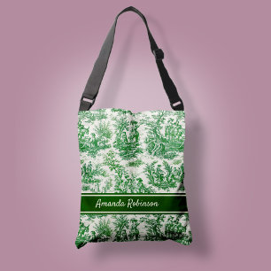 Vintage green white toile de jouy printed crossbody bag