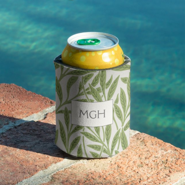 Vintage Green Willow Leaves Monogram Can Cooler (In Situ Pool)