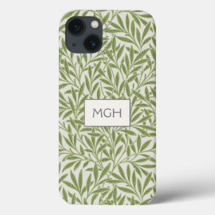 Vintage Green Willow Leaves Monogram iPhone 13 Case