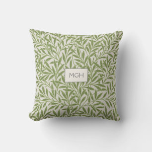 Vintage Green Willow Leaves Monogram Cushion