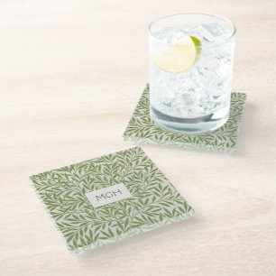 Vintage Green Willow Leaves Monogram Glass Coaster