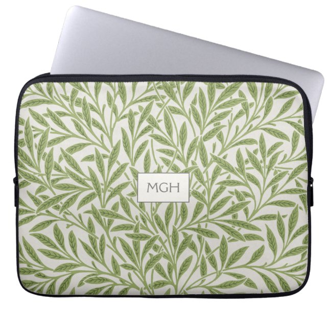 Vintage Green Willow Leaves Monogram Laptop Sleeve (Front)