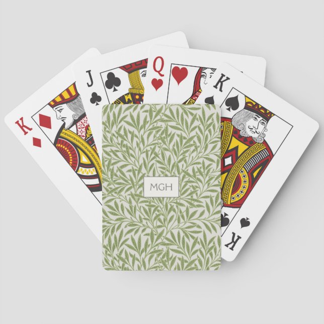 Vintage Green Willow Leaves Monogram Playing Cards (Back)