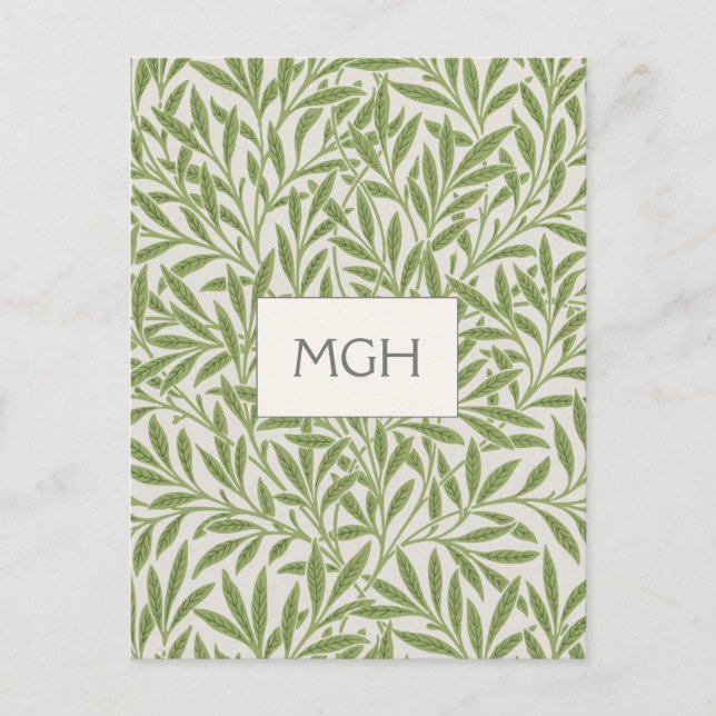 Vintage Green Willow Leaves Monogram Postcard (Front)