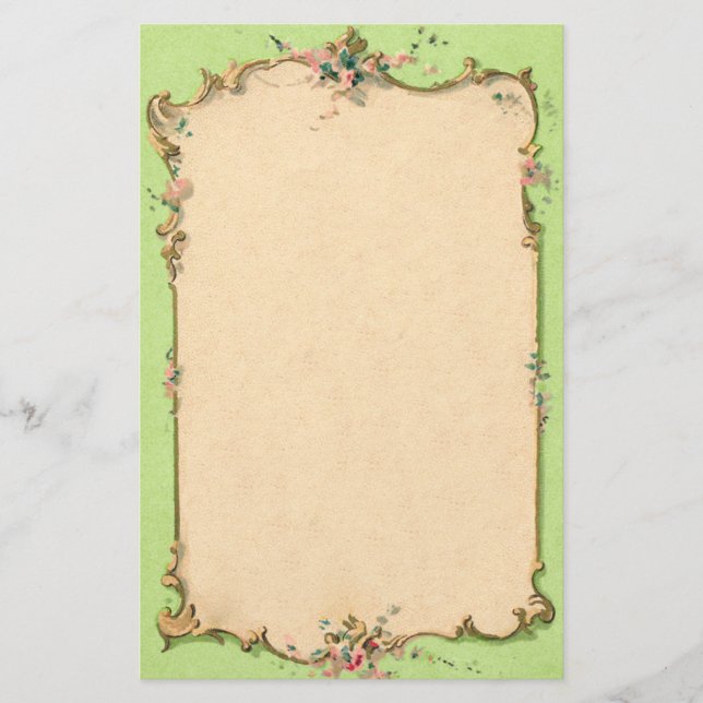 Vintage Green With Floral Border Stationery (Front)
