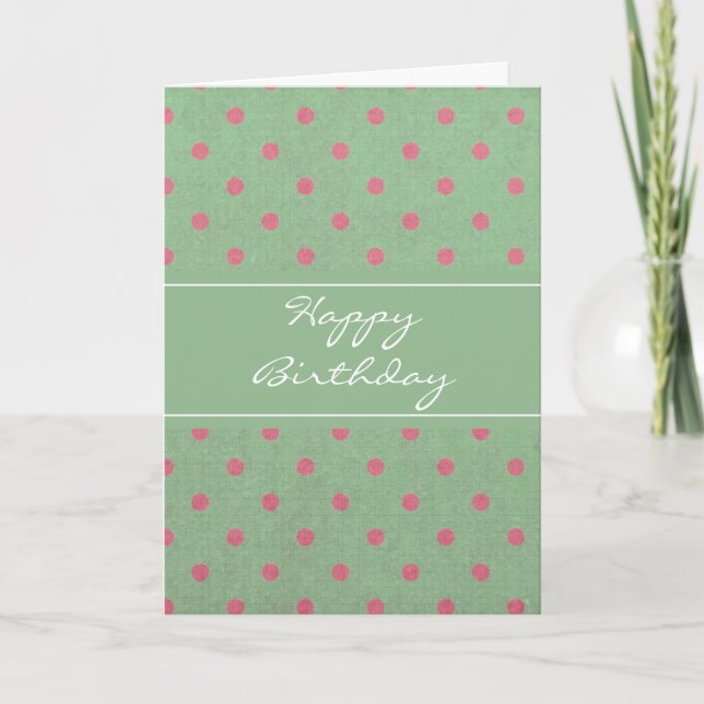 Vintage Green with Pink Polka Dots Birthday Card (Front)