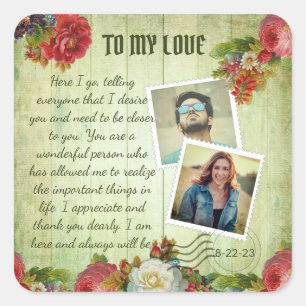 Vintage Green Wooden Floral Romantic Love Letter  Square Sticker