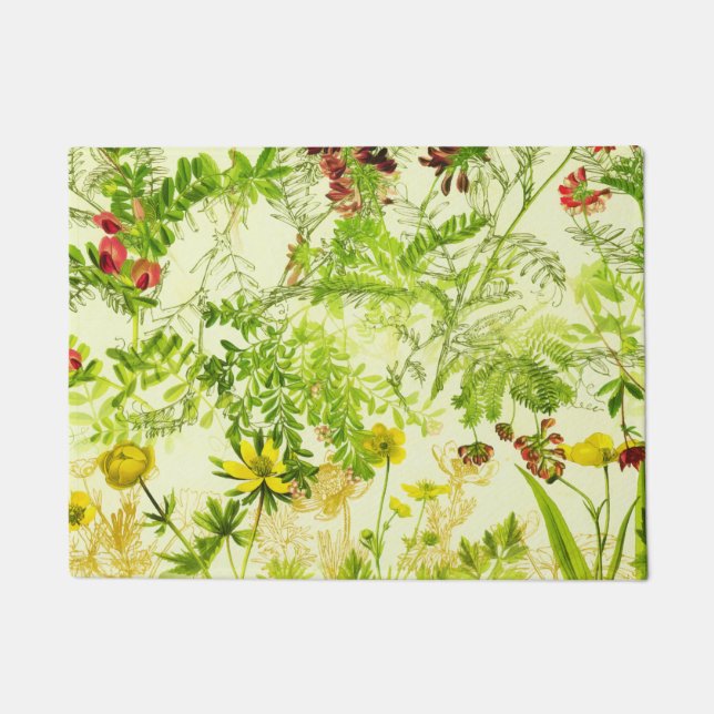 Vintage Green Woodland Botanical Leaves Wildflower Doormat (Front)
