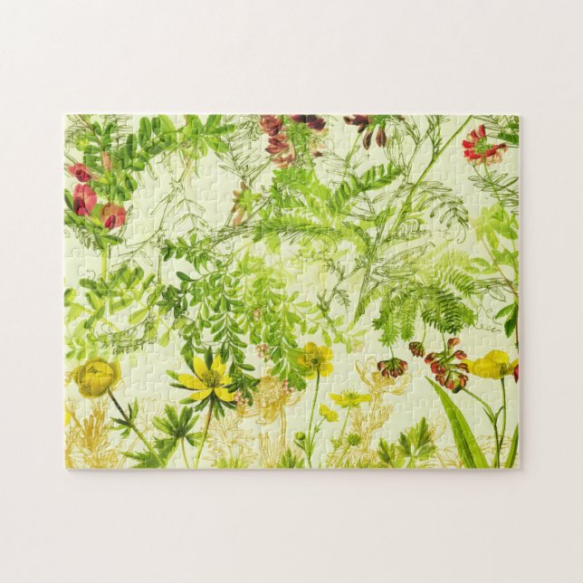 Vintage Green Woodland Botanical Leaves Wildflower Jigsaw Puzzle (Horizontal)