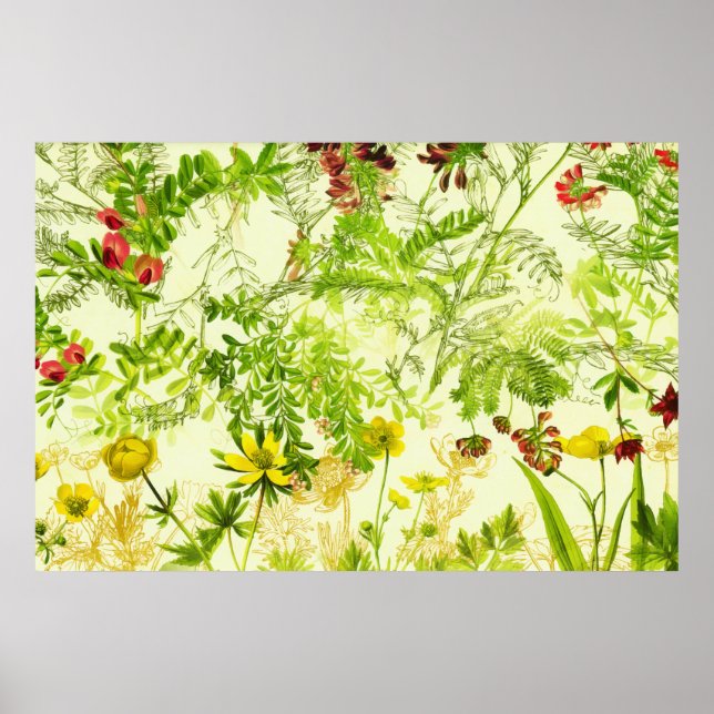 Vintage Green Woodland Botanical Leaves Wildflower Poster (Front)