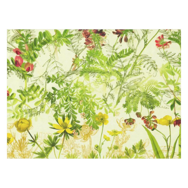 Vintage Green Woodland Botanical Leaves Wildflower Tablecloth (Front (Horizontal))