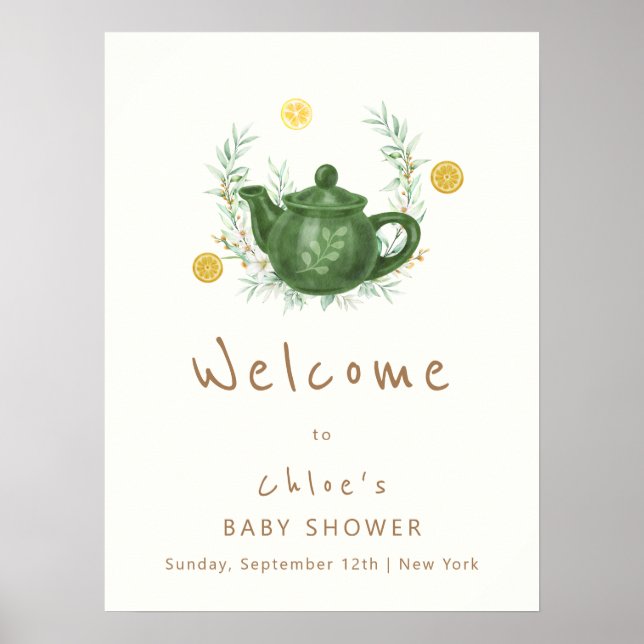 Vintage Greenery Par-Tea Baby Shower Welcome Poster (Front)