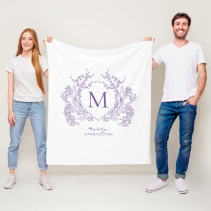 Vintage Greenery Violet Floral Crest Monogram Fleece Blanket
