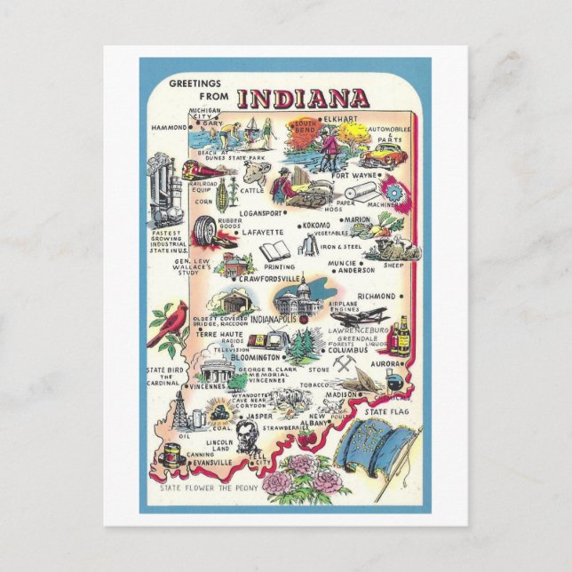 Vintage Greetings from Indiana Map Postcard (Front)