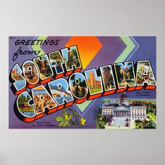 Vintage Greetings from South Carolina Travel Poster (Front)