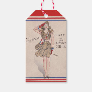 Vintage Greetings Girl Birthday Soldier Gift Tags
