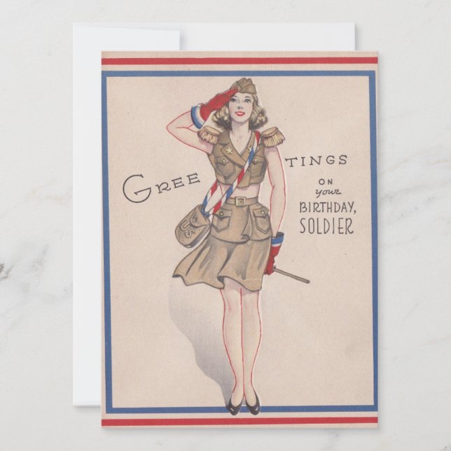 Vintage Greetings Girl Birthday Soldier Holiday Card (Front)