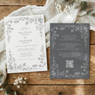 Vintage Grey All in One French Floral Wedding Invitation