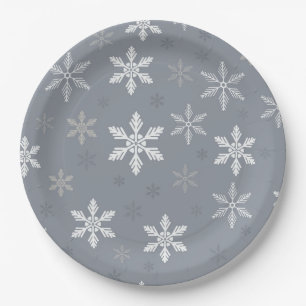 Vintage Grey and White Snowflakes pattern Holidays Paper Plate