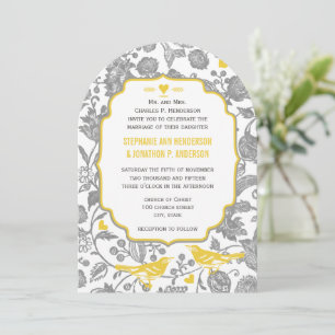 Vintage Grey and Yellow Floral Love Bird Wedding Invitation
