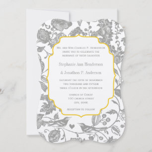 Vintage Grey and Yellow Floral Love Bird Wedding Invitation