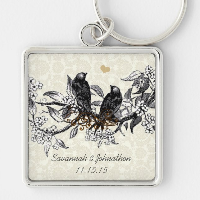 Vintage Grey Birds Hand Drawn Blooms Key Chain (Front)