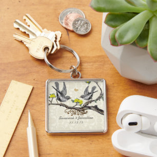 Vintage Grey Birds Plum Flowers Wedding Key Chain