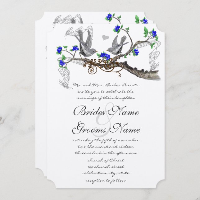 Vintage Grey Birds Royal Blue Cherry Blossom Invitation (Front/Back)