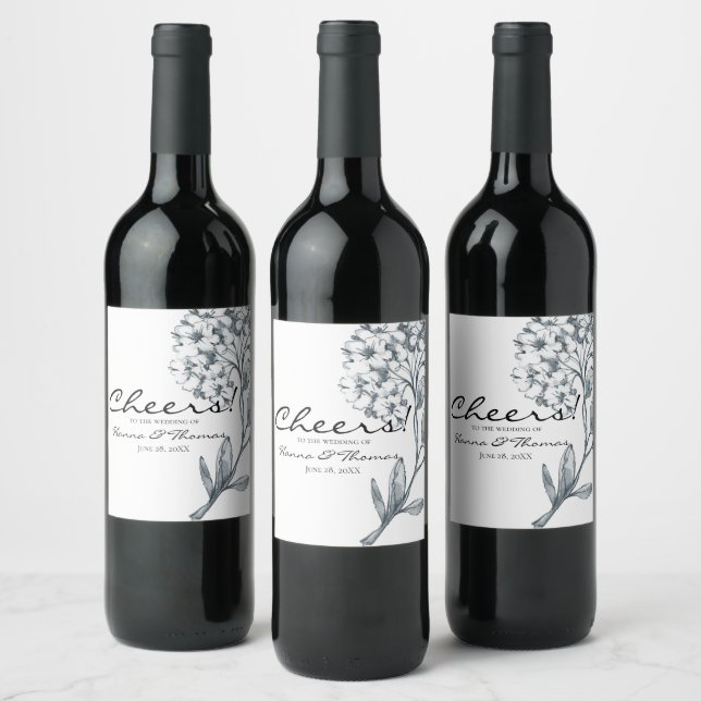 Vintage Grey Botanical Floral Wedding Wine Label (Bottles)