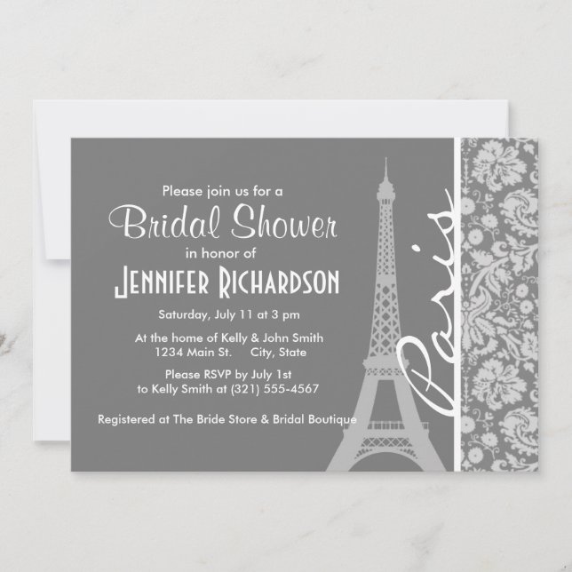 Vintage Grey Damask Paris Invitation (Front)