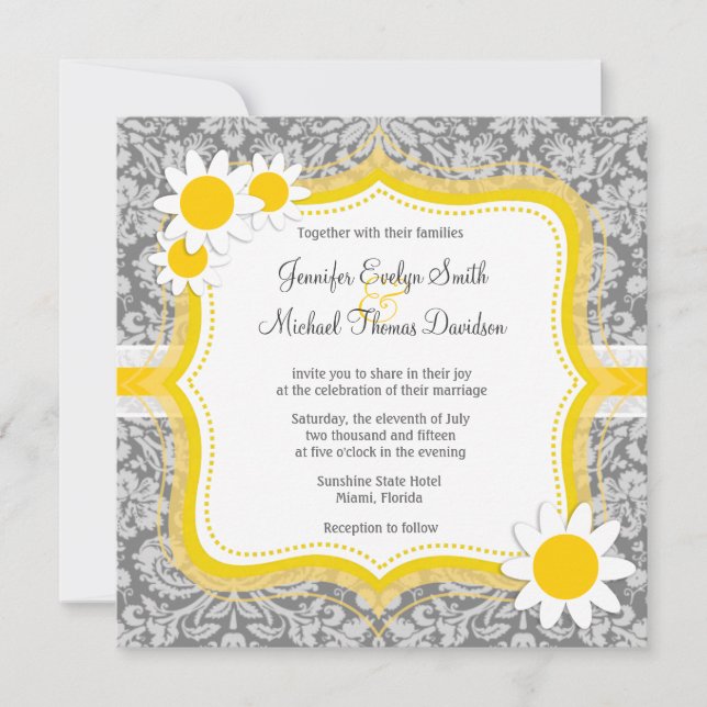Vintage Grey Damask with Daisy Invitation (Front)