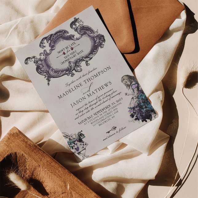 Vintage Grey Dark Alice in Wonderland Wedding Invitation (Creator Uploaded)