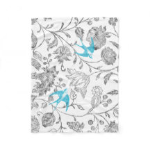 Vintage Grey Floral Aqua Blue Teal  Vintage Birds
