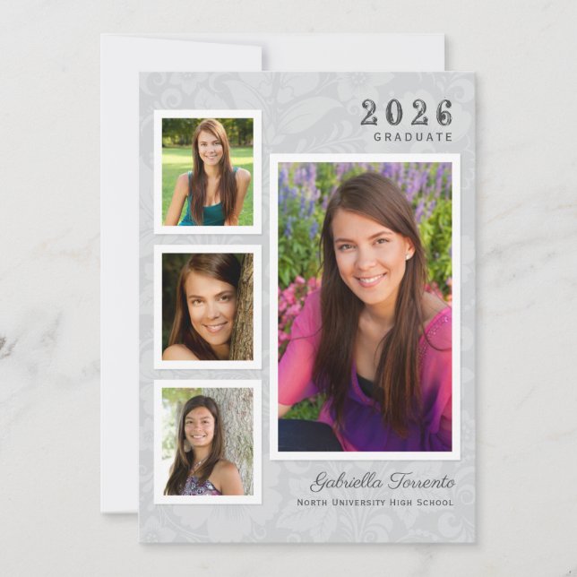 Vintage Grey Floral Graduation Photo Collage Invitation (Front)