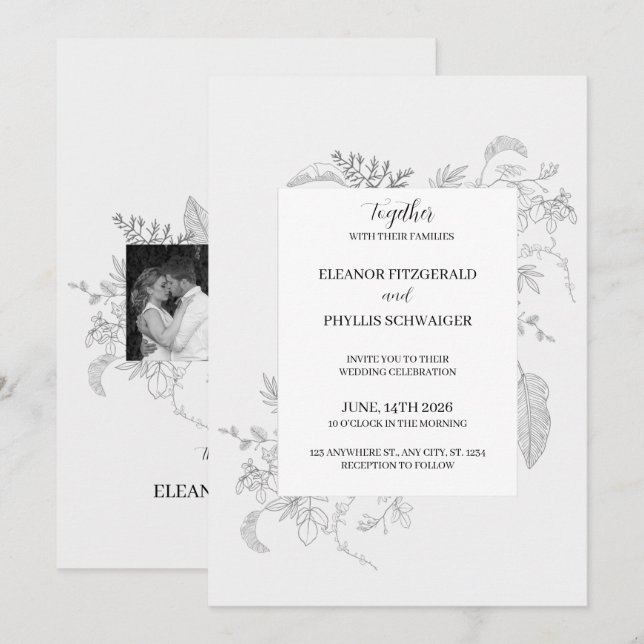 Vintage Grey Floral Wedding Invitation (Front/Back)