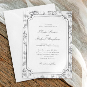 Vintage Grey French Floral Toile Frame Wedding Invitation