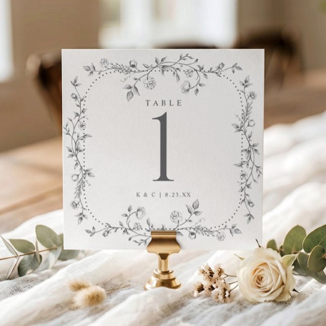 Vintage Grey French Floral Wedding Table Numbers (Silver gray square wedding table number with vintage French floral frame.)