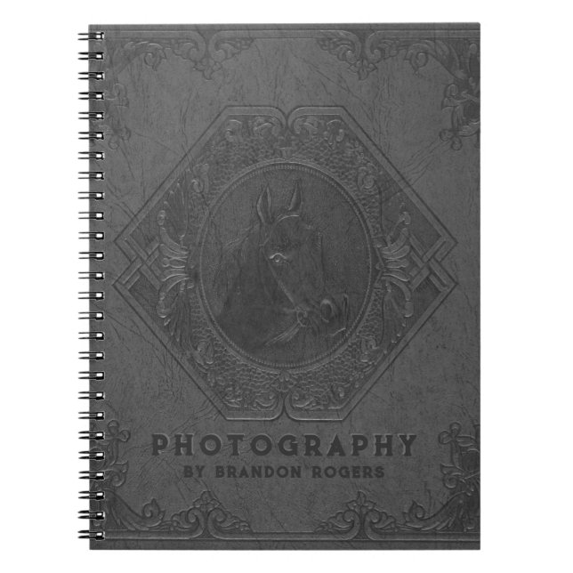 Vintage grey leather embossed horse-head notebook (Front)