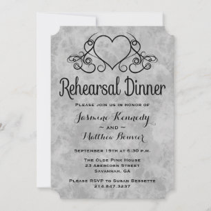 Vintage Grey Rehearsal Dinner Black Heart Wedding Invitation