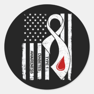 Vintage Grey Ribbon American Flag Type 1 Diabetes Classic Round Sticker