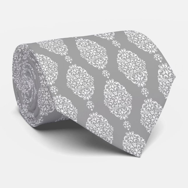 VINTAGE GREY SILVER WHITE BOTANICAL TIE (Rolled)