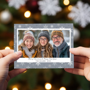 Vintage Grey Snowflakes photo Flat Holiday Card