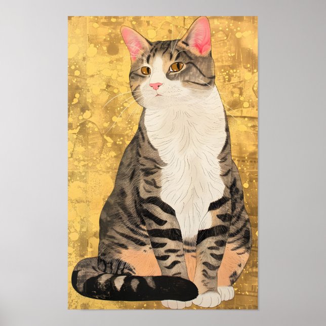 Vintage Grey White Cat Portrait Poster (Front)