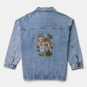 Vintage Grey Wolf Field Guide Wildlife Art Denim Jacket