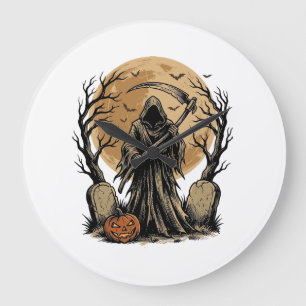 Vintage Grim Reaper Halloween Moon Vector Design_1 Large Clock